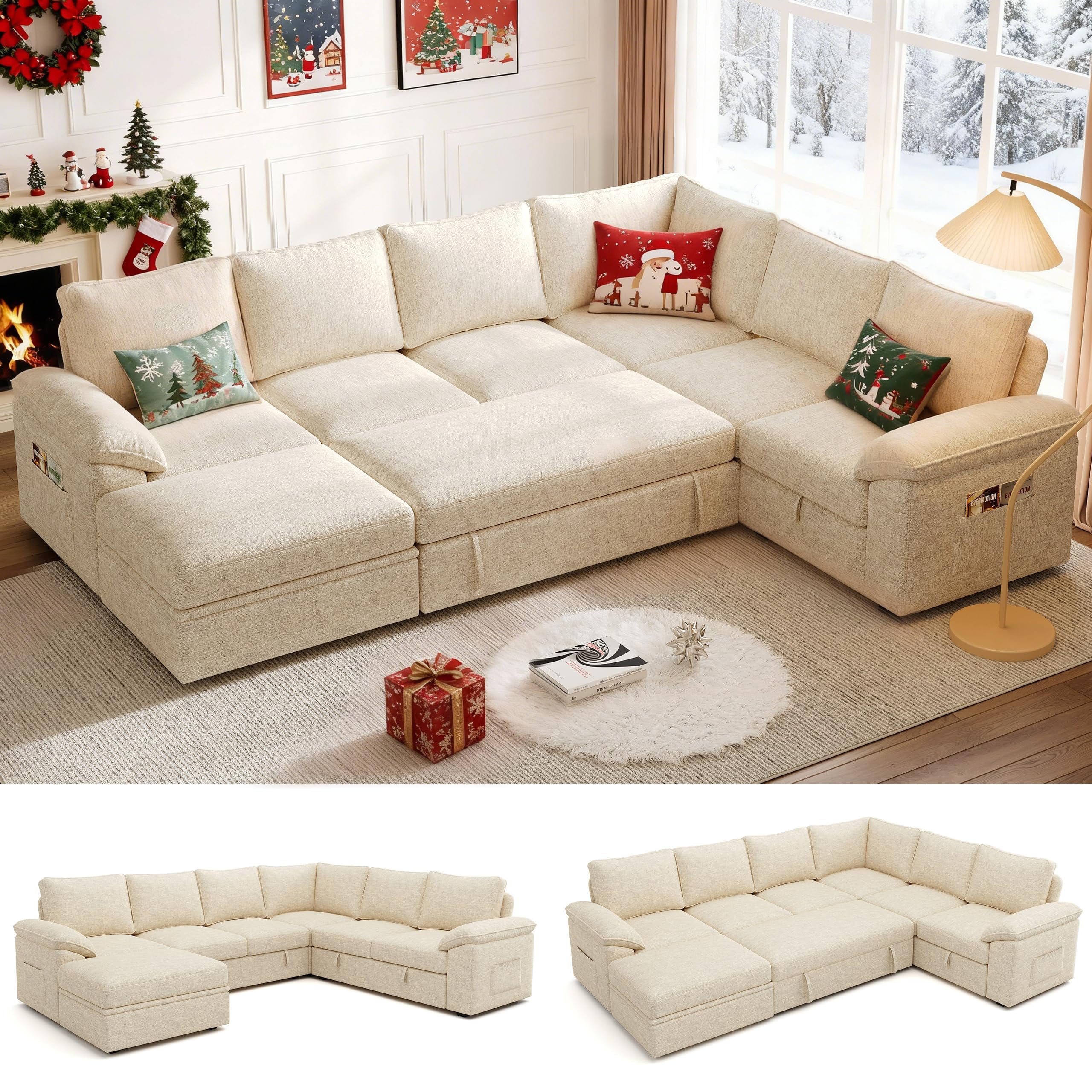 108 Inch Sectional Sleeper Sofa with Pull Out Bed, U Shaped 7 Seat ...