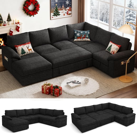 108 Inch Sectional Sleeper Sofa with Pull Out Bed, U Shaped 7 Seat Cloud Modular Sectional Sofa with Storage, Removable Sofa Cover, Black