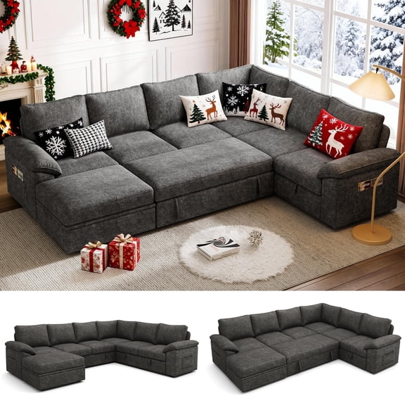 108 Inch Sectional Sleeper Sofa with Pull Out Bed, U Shaped 7 Seat Cloud Modular Sectional Sofa with Storage, Removable Sofa Cover, Dark Grey