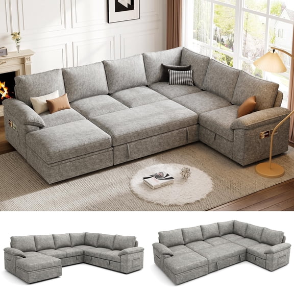 108 Inch Sectional Sleeper Sofa with Pull Out Bed, U Shaped 7 Seat Cloud Modular Sectional Sofa with Storage, Removable Sofa Cover, Light Gray