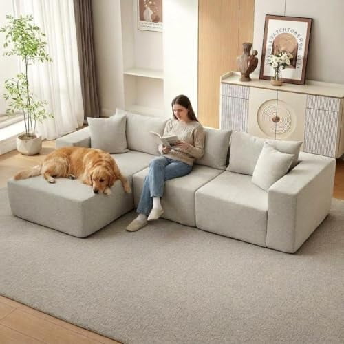 108" L Shaped Boneless Couch, Cotton Linen Modular Sectional Sofa with Left Chaise, No-Assembly Cloud Sofa for Living Room, Beige