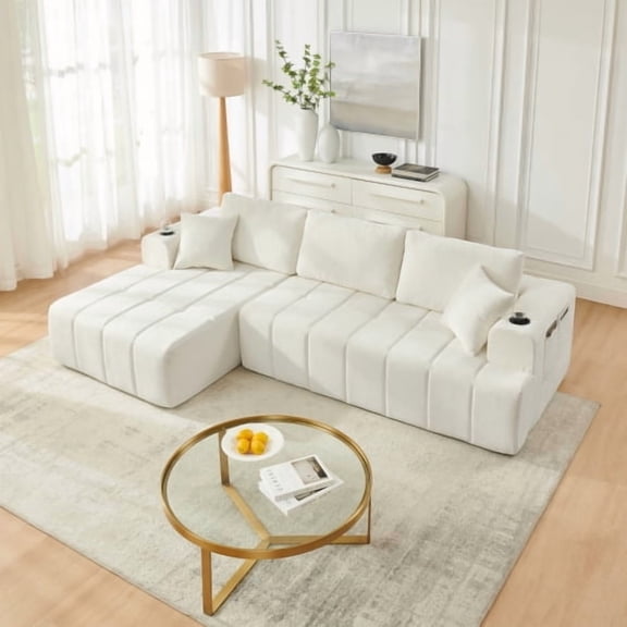 108" L-Shaped Chenille Sectional Sofa, Cloud Style Modular Couch with Chaise, Cup Holders and Side Pockets, Compression Sofa No Assembly Required for Living Room Apartment, Beige