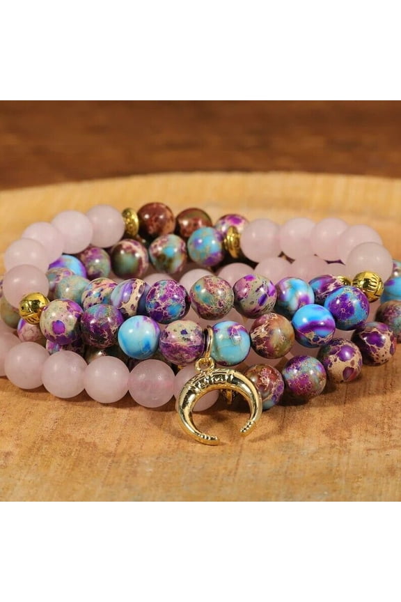 108 MALA GEMSTONE BEADS LOTUS BUDDHA CHARM YOGA CHAKRA HEALING WOMEN BRACELET