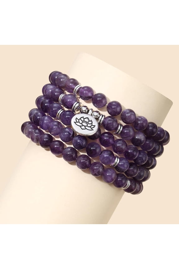 108 Mala Beads 8mm Amethyst Purple Crystal Beaded Bracelet Lotus Charm Necklace