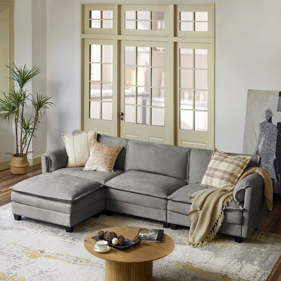 108" Modern 4-Seater Sectional Modular Sofa Couch with Storage and Dual-Layer Cushions Light Gray