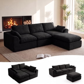 108" Modern Cloud Couch, Plush L Shaped Sectional Couch with Ottoman, Comfy Boneless Couch Modular Sofa, High-Density Memory Foam Deep Seat, No Assembly Required, Pet-Friendly, Black