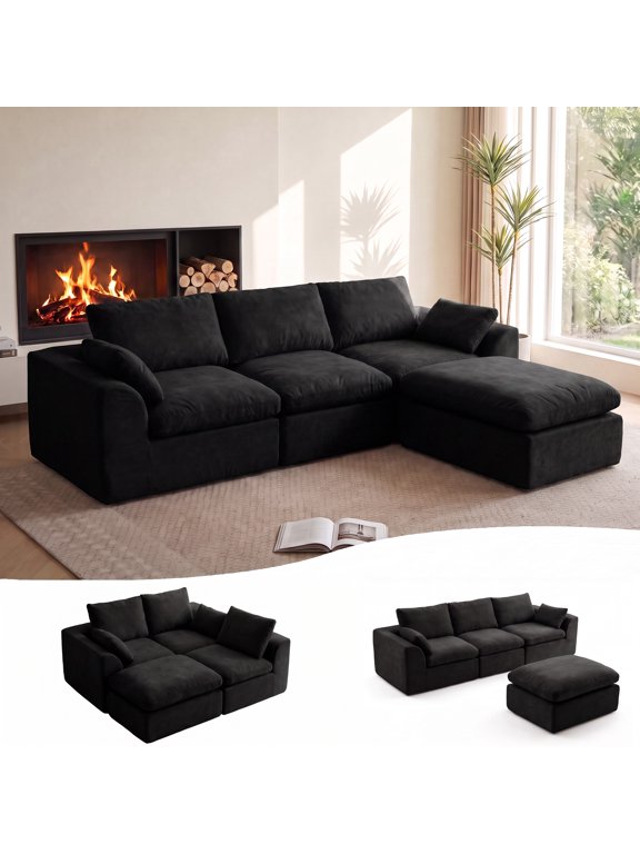 108" Modern Cloud Couch, Plush L Shaped Sectional Couch with Ottoman, Comfy Boneless Couch Modular Sofa, High-Density Memory Foam Deep Seat, No Assembly Required, Pet-Friendly, Black