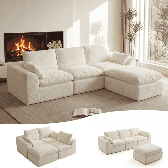 108" Modern Cloud Couch, Plush L Shaped Sectional Couch with Ottoman, Comfy Boneless Couch Modular Sofa, High-Density Memory Foam Deep Seat, No Assembly Required, Pet-Friendly, White