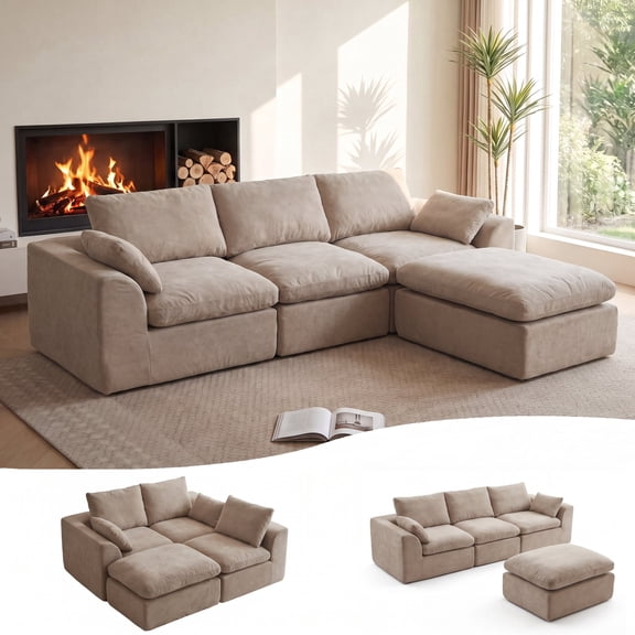 108" Modern Cloud Couch, Plush L Shaped Sectional Couch with Ottoman, Comfy Boneless Couch Modular Sofa, High-Density Memory Foam Deep Seat, No Assembly Required, Pet-Friendly, Khaki