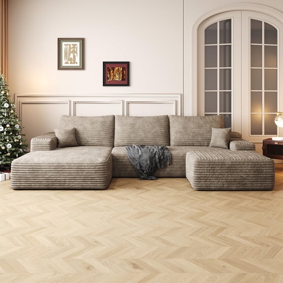 ODUWA 108" U-Shaped Modular Sectional Sofa with Chaise and Ottoman, Corduroy Upholstery for Living Room, Camel