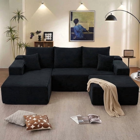 ODUWA 107" U-Shaped Modular Sectional Sofa with Ottoman,No Assembly Required,Deep Seat Corduroy Cloud Couch for Living Room & Bedroom,Black