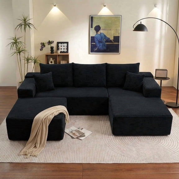 ODUWA 107" U-Shaped Modular Sectional Sofa with Ottoman,No Assembly Required,Deep Seat Corduroy Cloud Couch for Living Room & Bedroom,Black