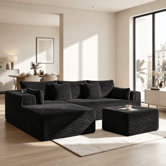 Rwcoet 108"Modular Cloud Sectional Sofa with Chaise,Extra Deep Seat Corduroy Couch,Memory Foam,No Assembly,Living Room & Apartment,Black