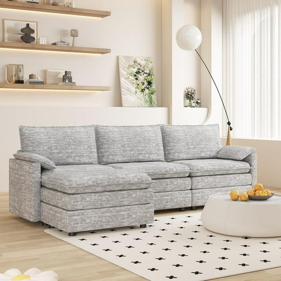 108" Modular Sectional Couch, Comfy Cloud Couch with Movable Ottoman, Modern Chenille L Shaped Modular Sofa Deep Seat, Sectional Sofa for Living Room, Apartment