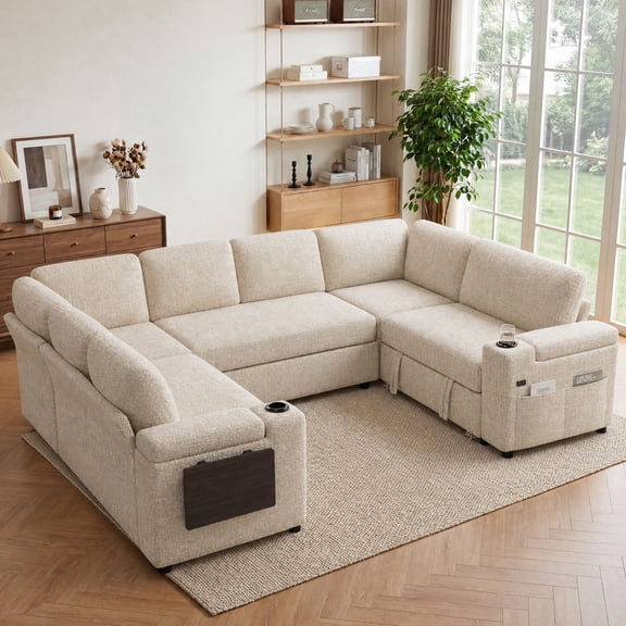 108" Modular Sectional Sleeper Sofa with Pull Out Bed, 8 Seat Plush U Shaped Couch with Storage Chaise|USB Ports|Cup Holders|Side Table|Storage Armrests, Tool Free Assembly, Chenille Fabric Beige