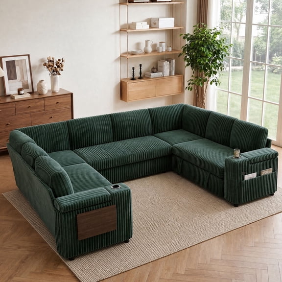 108" Modular Sectional Sleeper Sofa with Pull Out Bed, 8 Seat Plush U Shaped Couch with Storage Chaise|USB Ports|Cup Holders|Side Table|Storage Armrests, Tool Free Assembly, Corduroy Fabric Green
