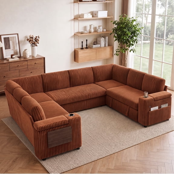 108" Modular Sectional Sleeper Sofa with Pull Out Bed,8 Seat Plush U Shaped Couch with Storage Chaise|USB Ports|Cup Holders|Side Table|Storage Armrests,Tool Free Assembly,Corduroy Fabric Orange