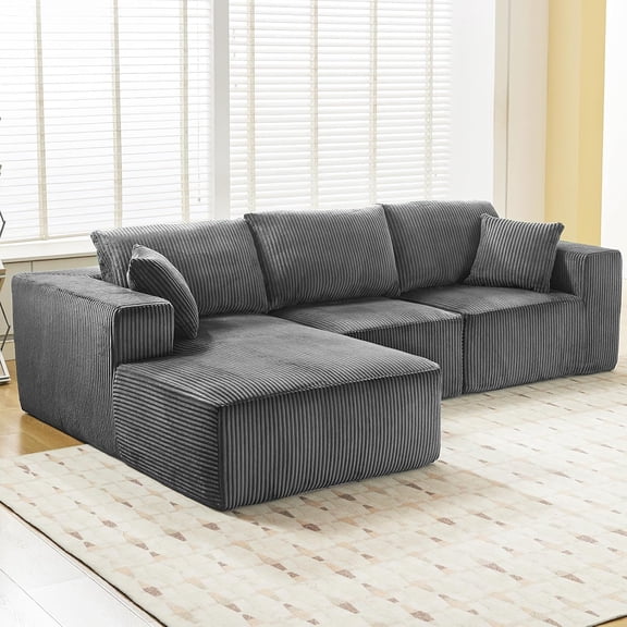 108" Modular Sectional Sofa, Cloud Foam Sectional Couch with L-Shape Chaise/Throw Pillows/Plush Corduroy Fabric, No Assembly Required, Space-Saving, Boneless Compression Sleeper Sofa for Living Room