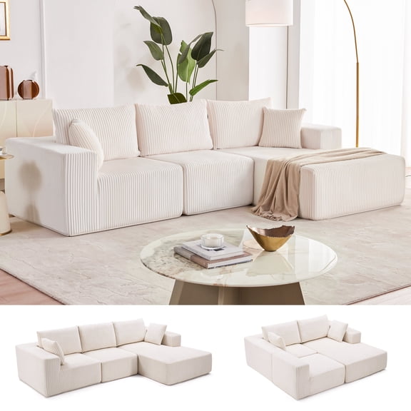 Weture Modular L-Shape Sectional Sofa, Corduroy Upholstered with Throw Pillow, Beige