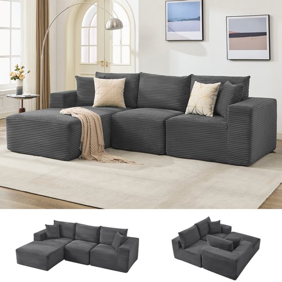 108" Modular Sectional Sofa – Corduroy L-Shaped Couch with Chaise, Deep Seats & Memory Foam, No Assembly, Includes Throw Pillows | Modern Cloud-Like 3-Seater for Living Room