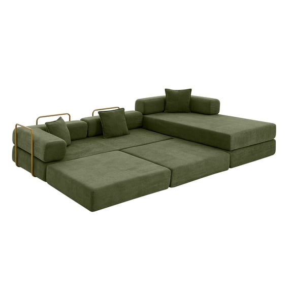 108" Modular Sectional Sofa with L-Shape Chaise, Boneless Cloud Couch with Deep Seat, Sponge Compression Sofas No Assembly Required, Modern Sofa Fold-Out Sofa Bed, With Removable Backrest (Green)