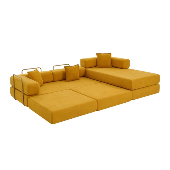 108" Modular Sectional Sofa with L-Shape Chaise, Boneless Cloud Couch with Deep Seat, Sponge Compression Sofas No Assembly Required, Modern Sofa Fold-Out Sofa Bed, With Removable Backrest (Yellow)
