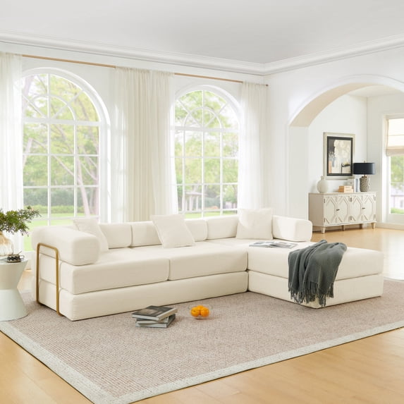 108'' Modular Sectional Sofa, L-Shape Chaise Boneless Cloud Couch, Sponge Compression Fold-Out Sofa Bed with Removable Backrest, No Assembly,Beige