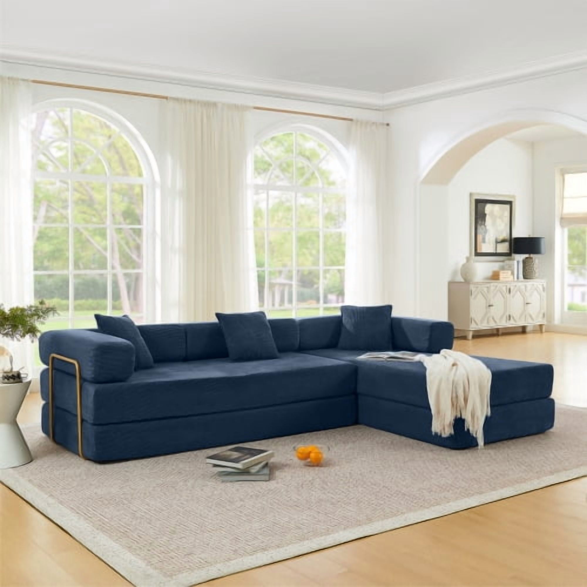 108" Modular Sectional Sofa with L-Shape Chaise, Convertible Sleeper Sofa Bed, Corduroy Cloud Couch with Deep Seat, No Assembly Required, Removable Backrest, Blue