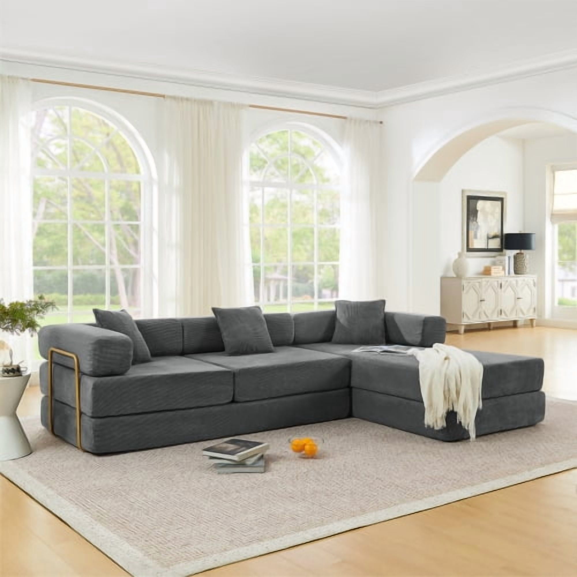 108" Modular Sectional Sofa with L-Shape Chaise, Convertible Sleeper Sofa Bed, Corduroy Cloud Couch with Deep Seat, No Assembly Required, Removable Backrest, Grey