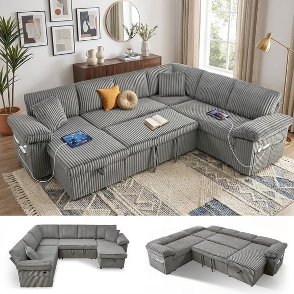 TiramisuBest 108" Modular Sectional Sofa, Convertible Sleeper Sofa Bed with Pull Out Couch, Corduroy 7 Seats Sectional Couches with Storage Chaise for Living Room Bedroom (Light Grey)