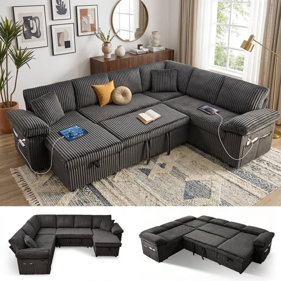 TiramisuBest 108" Modular Sectional Sofa, Convertible Sleeper Sofa Bed with Pull Out Couch, Corduroy 7 Seats Sectional Couches with Storage Chaise for Living Room Bedroom (Dark Grey)