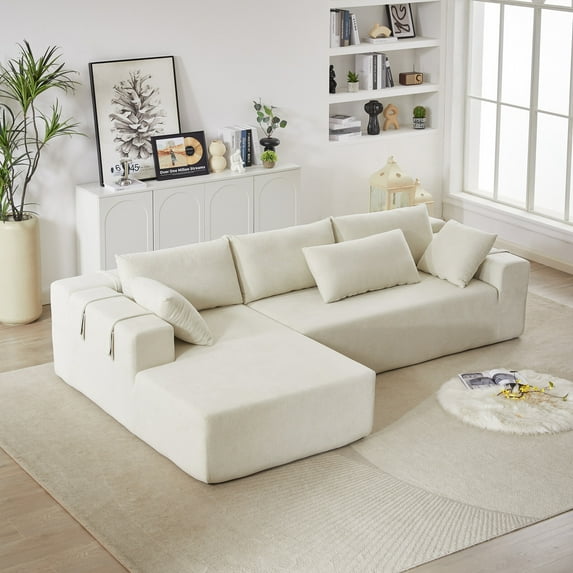 108" Modular Sectional Sofa with Strap Design, L-Shape Cloud Couch with 6 Pillows, Upholstered Free Combination Sofa for Living Room, Bedroom, Beige