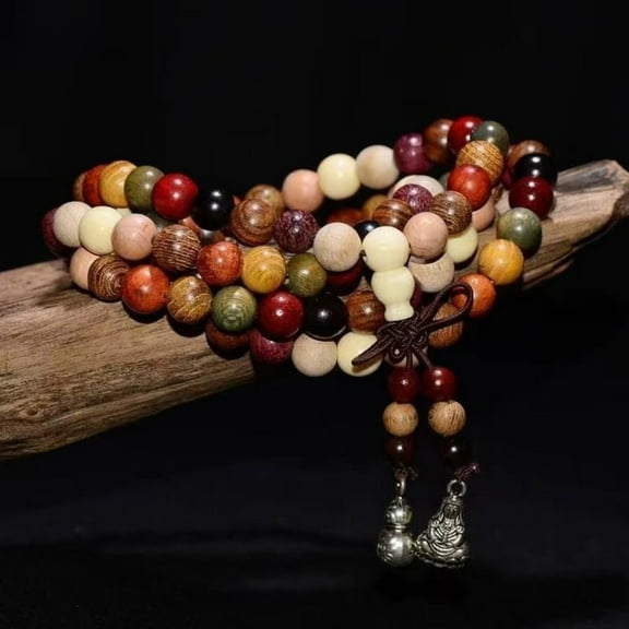 108 Multi-colored Wood Bead Bracelet Retro Style Buddhist Mala Necklace Wrap Spiritual Jewelry for Men and Women