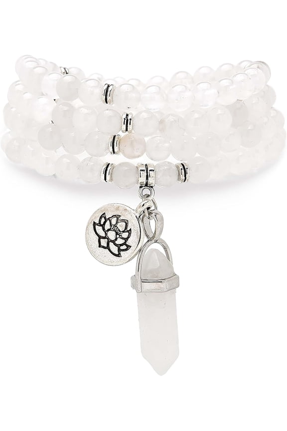 108 Natural Mala Prayer Beads Bracelet Necklace with Lotus Charm and Reiki Quartz Hexagonal Prism Pendant[r3736]
