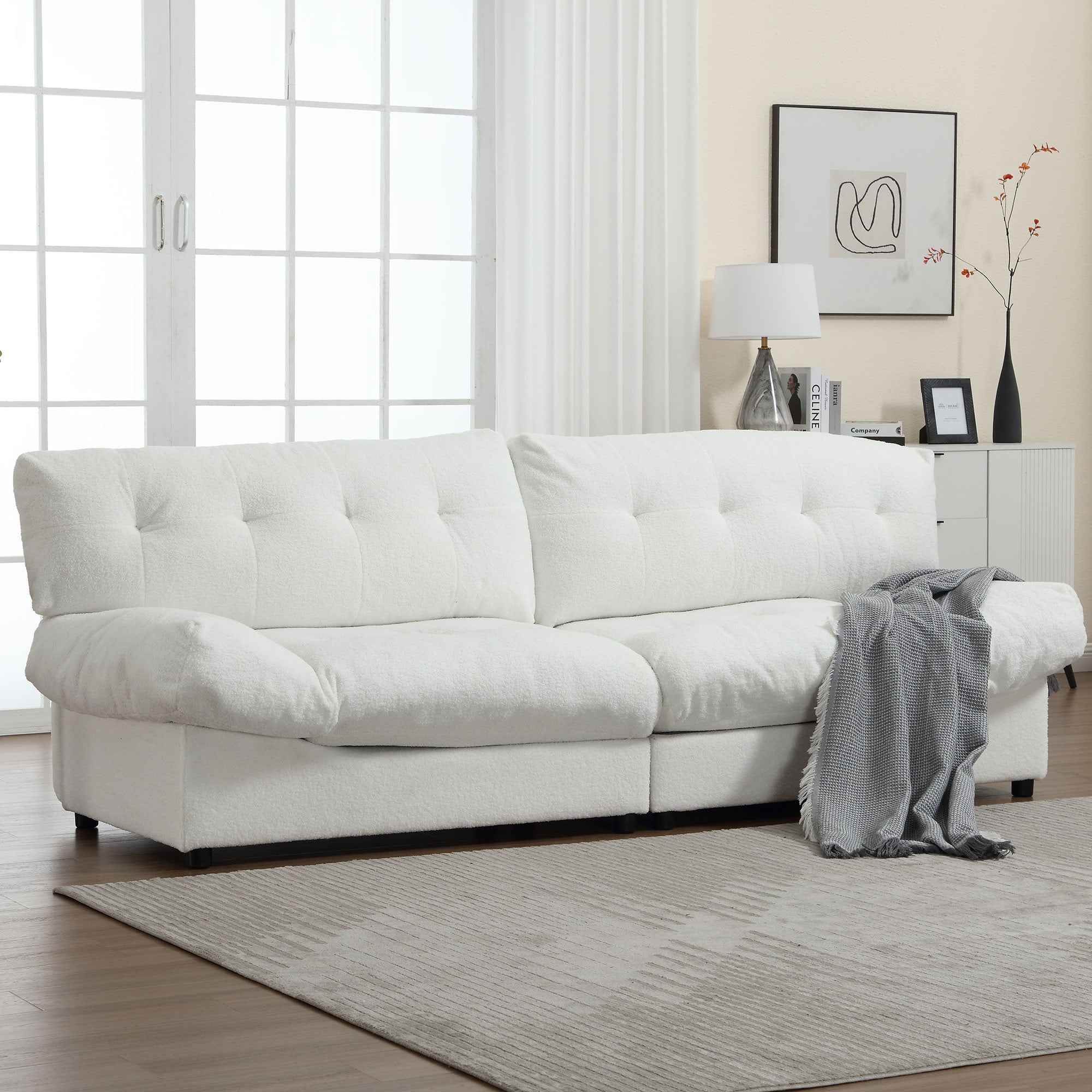 108" Oversized Comfy Sofa Couches,Teddy Velvet Fabric,Upholstered Sofas or Living Room,Apartment,White