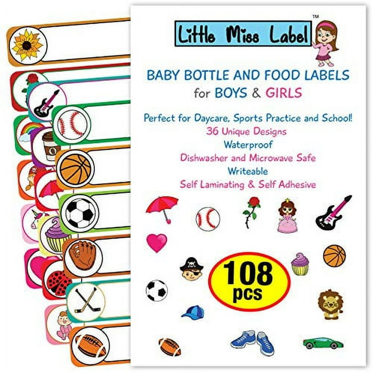 108-PACK Baby Bottle Labels, Daycare Labels. Name Labels / Clothing Labels  for Daycare, School, Sports, Kids Gear. Waterproof, Self Laminating, & Heat  Resistant! 