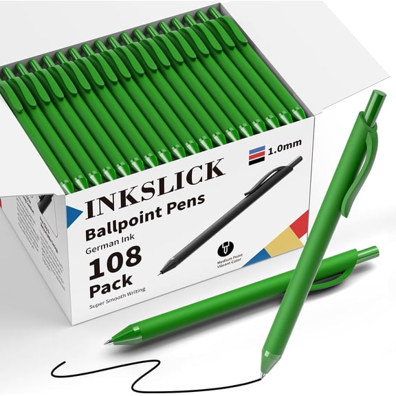 108 Pack Black Ink Pens Bulk Retractable Ballpoint Pens 1.0mm | No Bleed Click Pens Medium Point Smooth Writing Pens for Work Servers Office Business (Green Barrel)