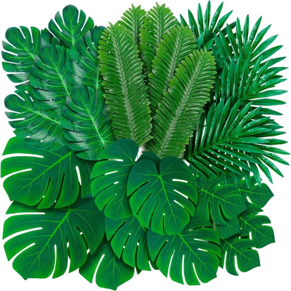 108 Pack Palm Leaves Artificial Tropical Monstera - 6 Kinds Large Small Green Fake Palm Leaf with Stems for Safari Jungle Hawaiian Luau Party Table Decoration Wedding Birthday Theme Party Decorations