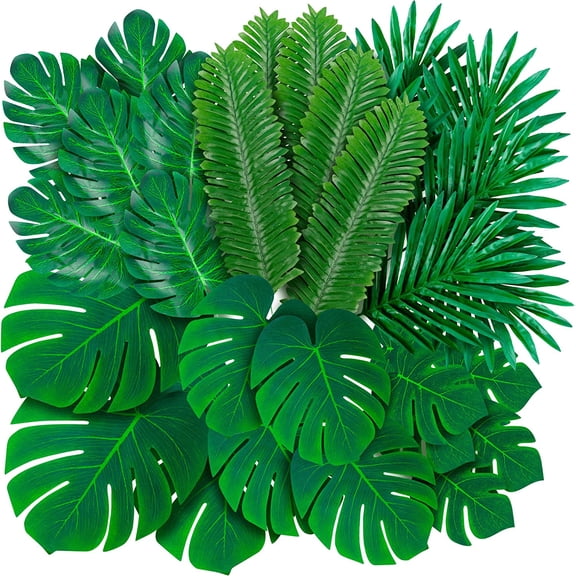 108 Pack Palm Leaves Artificial Tropical Monstera - 6 Kinds Large Small Green Fake Palm Leaf with Stems for Safari Jungle Hawaiian Luau Party Table Decoration Wedding Birthday Theme Party Decorations