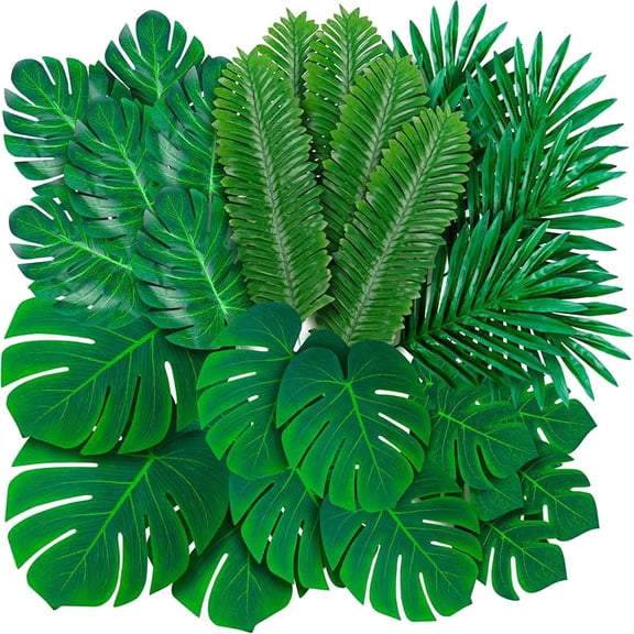 108 Pack Palm Leaves Artificial Tropical Monstera - 6 Kinds Large Small Green Fake Palm Leaf with Stems for Safari Jungle Hawaiian Luau Party Table Decoration Wedding Birthday Theme Party Decorations