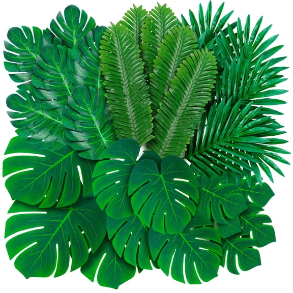 108 Pack Palm Leaves Artificial Tropical Monstera - 6 Large Small Green Fake Palm Leaf with Stems for Safari Jungle Hawaiian Luau Party Table Decoration Wedding Birthday Theme Party Decorations Y114