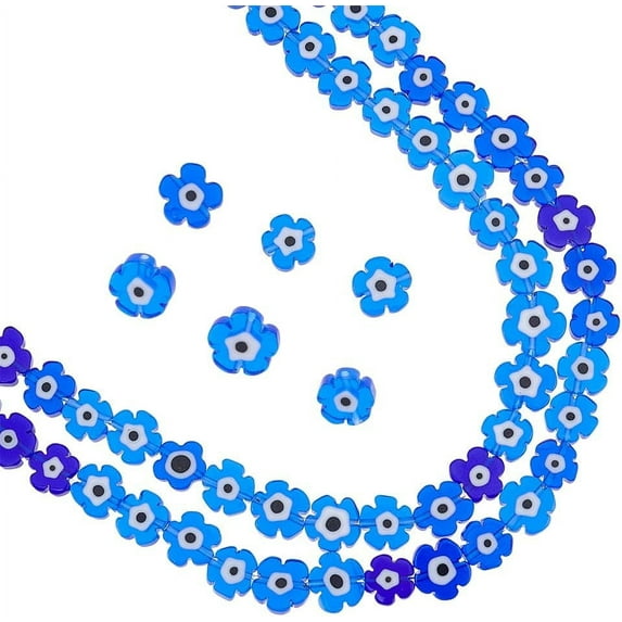 108 Pcs 7~9.5mm Blue Flat Evil Eye Beads Blue Handmade Lampwork Evil Eye Beads Flower Evil Eye Spacer Beads Evil Eye Charms Loose Beads for DIY Jewelry Bracelet Necklace Craft Making