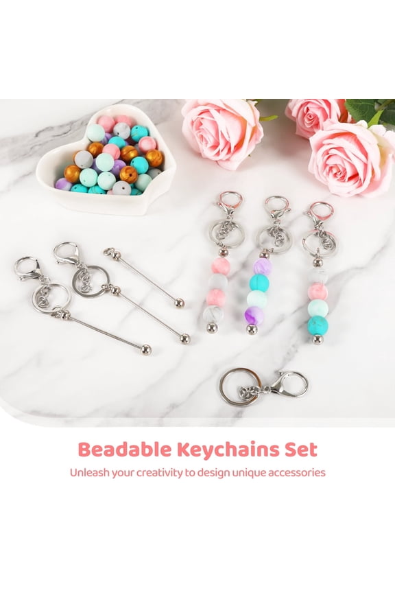 108 Pcs Beadable Keychains Set, DIY Keychain Making Kit with Metal Blanks, Crystal and Colorful Silicone Beads for Personalized Accessories