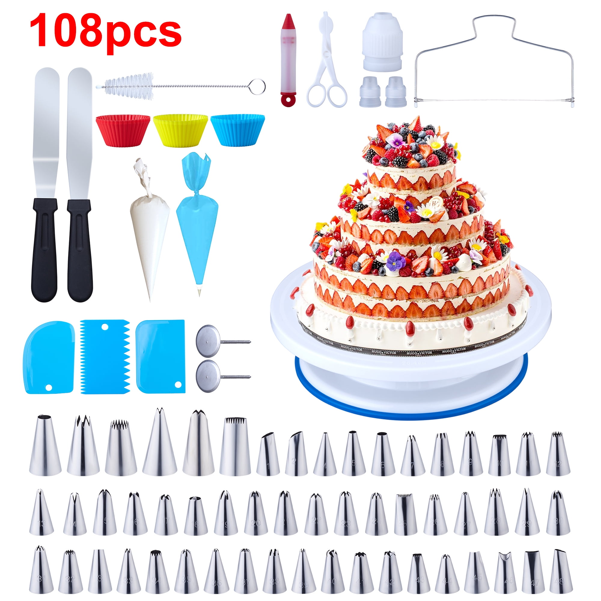 Uarter Cake Decorating Kit Supplies , 108 Pcs Cake Decorating Supplies Set  with Metal Cake Turntable Stand, 54 Pcs IcingTips for Beginners 