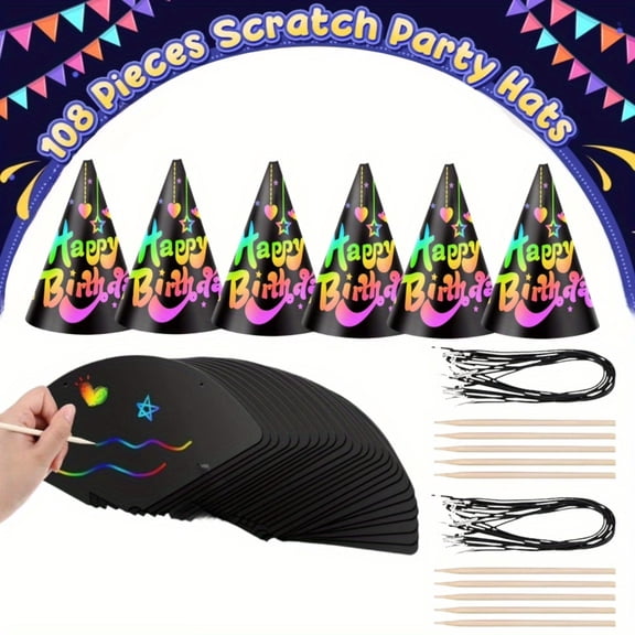 108 Pcs DIY Scratch Art Party Hats, Color Your Own Cone Hats for Birthday Party Activities & Craft Fun