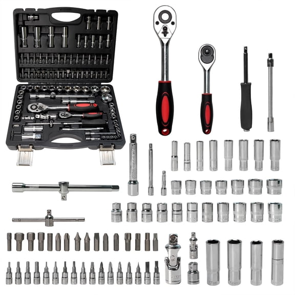 108 Pcs Mechanic Socket Tool KitCR-V Steel Metric and Standard 1/4" & 1/2" Ratchet set, Universal Joint, Extension Bars,Adapter,Ratchet Wrench,Socket Set for Car