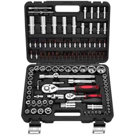 108 Piece Drive Socket Wrench Set, Mechanics Tools Kit and Socket Set for Auto Repairing with 1/4" & 1/2" Drive, Ratchet Handle, Extension Bars, Sliding Bar, Adaptor, Case$$Tools & Hardware Other