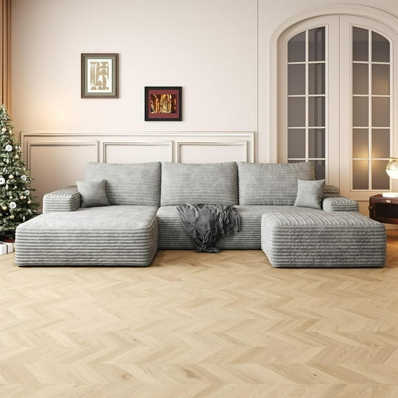 108" Plush Corduroy U-Shaped Sectional Sofa, Deep Seat Cloud Couch, Modular 5-Seat Design, No-Assembly Living Room Sofa