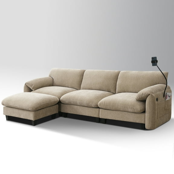 108" Side Storage Office Sofa, L-Shaped Modular Sectional Sofa with Phone Holder & USB, Light Khaki Chenille Fabric, 4-Seat Business Couch with Movable Ottoman for Office, Reception, Commercial