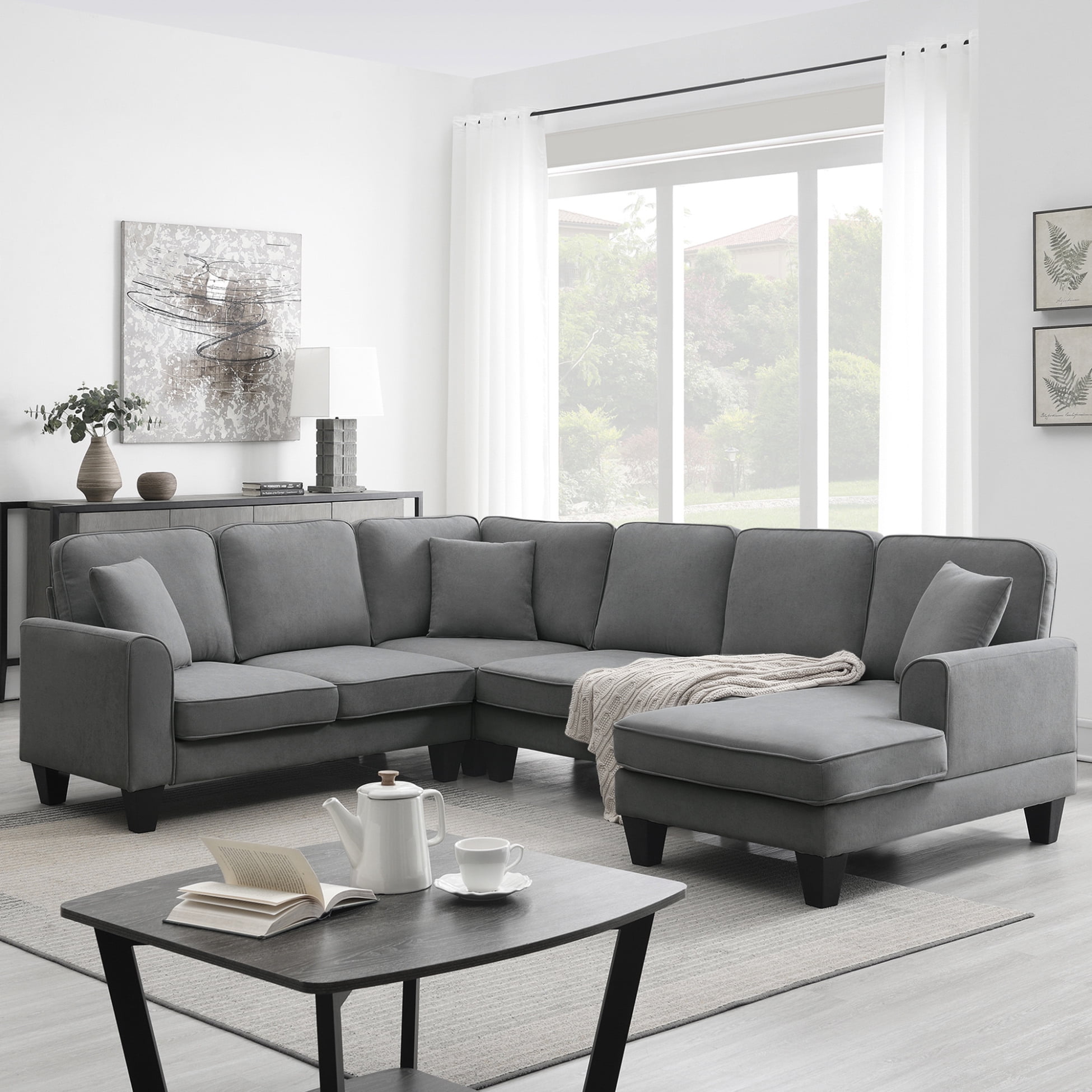 "Modern 7Seater UShape 108"" Sectional Sofa with Chaise, 3 Pillows